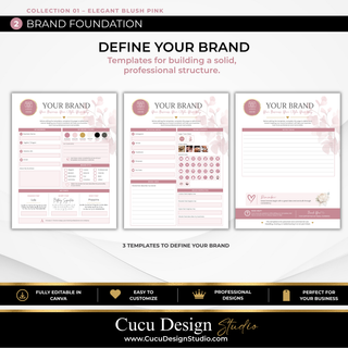 Beauty business brand foundation Canva templates for defining brand identity, colors, fonts, and style