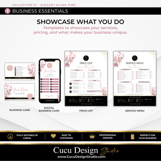 Beauty business essentials Canva templates including business card, digital business card, price list, and service menu