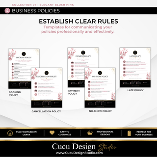 Beauty business policy Canva templates including booking, cancellation, payment, no-show, and late policies