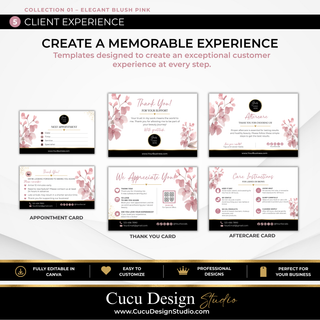Beauty business client experience Canva templates including appointment card, thank you card, and aftercare card