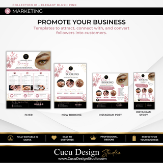 Beauty business marketing Canva templates including flyer, booking promotion, Instagram post, and Instagram story