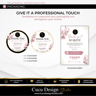 Beauty business packaging Canva templates including thank you stickers and packaging insert