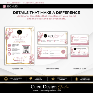 Beauty business bonus Canva templates including QR code sign, gift certificate, and referral card