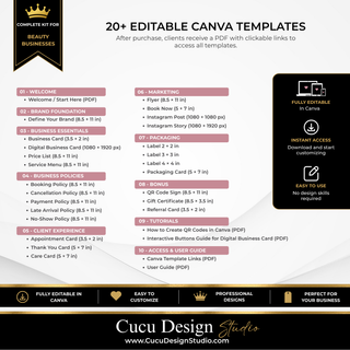 Beauty business brand kit with 20+ editable Canva templates, tutorials, access guide, and user guide