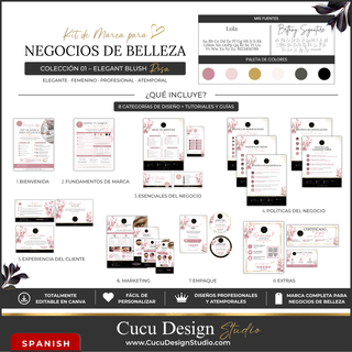 Kit de Marca para Negocios de Belleza en español, colección 01 Elegant Blush Rosa, con diseño elegante, femenino y profesional en tonos rosa, negro, blanco y dorado. La imagen muestra una vista general de las ocho categorías incluidas en el paquete: bienvenida, fundamentos de marca, esenciales del negocio, políticas del negocio, experiencia del cliente, marketing, empaque y extras. Incluye ejemplos de tarjetas de presentación, tarjeta digital, lista de precios, menú de servicios, políticas para clientes..