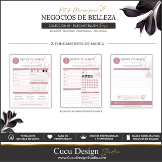 Plantillas de fundamentos de marca para negocios de belleza en español. Esta sección incluye tres páginas editables para ayudar a definir la identidad de una marca: información básica del negocio, redes sociales, elementos visuales, colores, fuentes, estilo de marca, inspiración y notas. Las plantillas permiten organizar información sobre el negocio y establecer una identidad visual coherente. El diseño presenta una combinación elegante de rosa suave, blanco, negro y detalles dorados, con elementos...