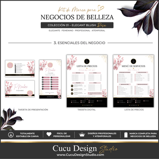 Colección de plantillas esenciales para un negocio de belleza en español. La imagen muestra ejemplos de tarjeta de presentación, tarjeta digital para compartir información del negocio, lista de precios y menú de servicios. Las plantillas incluyen espacios editables para logotipo, nombre del negocio, especialidad, información de contacto, redes sociales, servicios, precios y otros detalles importantes. El diseño combina tonos rosa, negro, blanco y dorado con elementos florales, creando una identidad visual..