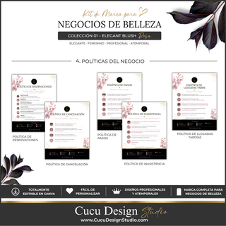 Colección de plantillas de políticas para negocios de belleza en español. La imagen presenta cinco diseños editables: política de reservaciones, política de cancelación, política de pagos, política de llegadas tardías y política de inasistencia. Cada plantilla está diseñada para ayudar a los negocios de belleza a comunicar claramente sus reglas y condiciones a sus clientes. Los diseños utilizan una combinación elegante de rosa, blanco, negro y detalles dorados, con iconos, elementos florales...