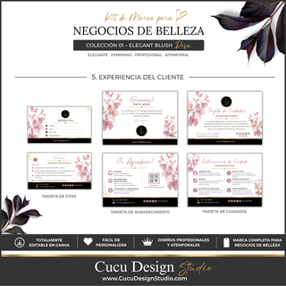 Plantillas para mejorar la experiencia del cliente en un negocio de belleza. La colección incluye una tarjeta de citas para programar la próxima visita, tarjeta de agradecimiento, tarjeta de cuidados posteriores y mensajes informativos para clientes. Los diseños están creados en español y cuentan con espacios editables para agregar el nombre del negocio, información de contacto, instrucciones, redes sociales y otros detalles. La colección utiliza una estética elegante y femenina en tonos rosa, blanco...