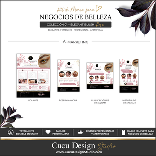 Plantillas de marketing para negocios de belleza en español, diseñadas para promocionar servicios y atraer clientes. La colección incluye un volante promocional, diseño de “Reserva Ahora”, publicación cuadrada para Instagram y plantilla vertical para historia de Instagram. Los diseños incluyen espacios para fotografías de servicios, precios, promociones, información de contacto, redes sociales y llamadas a la acción. La colección utiliza una identidad visual elegante en tonos rosa, blanco, negro y dorado...