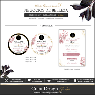 Plantillas de empaque para negocios de belleza en español. La imagen muestra etiquetas circulares en diferentes tamaños y una tarjeta para incluir en los pedidos o paquetes de los clientes. Las etiquetas están disponibles en tamaños de 2 x 2 pulgadas, 3 x 3 pulgadas y 4 x 4 pulgadas. Los diseños incluyen mensajes de agradecimiento, espacio para logotipo, redes sociales y elementos decorativos. La tarjeta para empaque incluye un mensaje de agradecimiento y espacio para información de redes sociales...