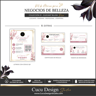 Plantillas adicionales para un negocio de belleza incluidas en el kit de marca. La colección muestra un letrero con código QR, un certificado de regalo y una tarjeta de referidos. El letrero con código QR permite invitar a los clientes a escanear el código para acceder a información o redes sociales del negocio. El certificado de regalo puede personalizarse para ofrecer servicios como obsequio, mientras que la tarjeta de referidos está diseñada para incentivar a los clientes a recomendar el negocio...
