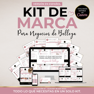 Kit de marca para negocios de belleza editable en Canva, con plantillas profesionales para identidad visual, redes sociales, políticas y marketing.