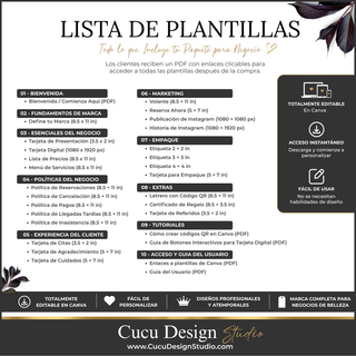 Lista detallada de las plantillas incluidas en el Kit de Marca para Negocios de Belleza. La imagen organiza el contenido en diez categorías: bienvenida, fundamentos de marca, esenciales del negocio, políticas del negocio, experiencia del cliente, marketing, empaque, extras, tutoriales y acceso y guía del usuario. Incluye las dimensiones de diferentes plantillas, como tarjetas de presentación de 3.5 x 2 pulgadas, tarjeta digital de 1080 x 1920 píxeles, listas y políticas de 8.5 x 11 pulgadas...
