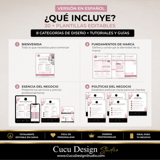 ¿Qué incluye el kit de marca para negocios de belleza? Más de 20 plantillas editables en Canva organizadas en 8 categorías, con bienvenida, fundamentos de marca, esenciales del negocio y políticas.
