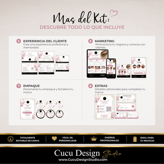 Más del kit de marca para negocios de belleza: plantillas editables para experiencia del cliente, marketing, empaque y extras, diseñadas para fortalecer la imagen profesional del negocio.
