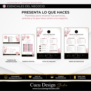 Plantillas para negocio de belleza con tarjeta de presentación, tarjeta digital, lista de precios y menú de servicios