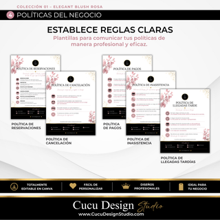 Plantillas de políticas para negocio de belleza con políticas de reservación, pagos, cancelación e inasistencia
