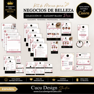 Kit completo de marca para negocios de belleza en Canva, colección Elegant Blush Rosa, con tarjetas, políticas, menú de servicios, marketing, empaque y materiales promocionales.