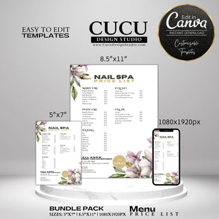 Price list, menu price list, salon prices, nail spa price list, price list template, Canva price list, Canva templates, customizable price list, editable templates, cucu design studio, price list, menu list