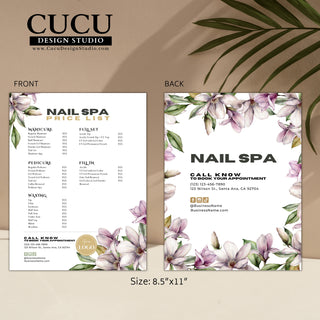 Price list, menu price list, salon prices, nail spa price list, price list template, Canva price list, Canva templates, customizable price list, editable templates, cucu design studio, price list, menu list
