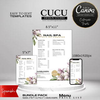 Price list, menu price list, nail spa prices, spanish price list, plantillas personalizables, plantillas para salon de uñas, business price list spanish, cucu design studio, menu list spanish, flower design price list, Canva templates, plantillas Canva, nail spa, manicure price, pedicure prices, wax prices