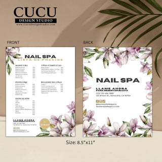 Price list, menu price list, nail spa prices, spanish price list, plantillas personalizables, plantillas para salon de uñas, business price list spanish, cucu design studio, menu list spanish, flower design price list, Canva templates, plantillas Canva, nail spa, manicure price, pedicure prices, wax prices