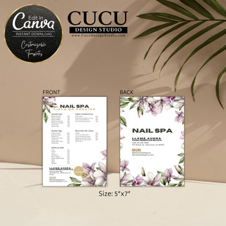 Price list, menu price list, nail spa prices, spanish price list, plantillas personalizables, plantillas para salon de uñas, business price list spanish, cucu design studio, menu list spanish, flower design price list, Canva templates, plantillas Canva, nail spa, manicure price, pedicure prices, wax prices