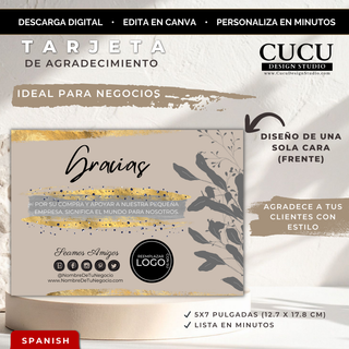 Tarjeta de agradecimiento editable en Canva para pequeños negocios con diseño elegante en tonos beige, dorado y negro. La tarjeta incluye detalles florales modernos, espacio para logo, redes sociales y mensaje personalizado. Presentación digital tamaño 5x7 pulgadas ideal para boutiques, negocios handmade y emprendedores. / Editable Canva thank you card template for small businesses featuring an elegant beige, gold, and black design. The card includes modern floral details, logo space, social media icons...