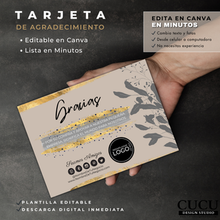 Plantilla de tarjeta de agradecimiento para negocios mostrada en una mano sobre fondo oscuro texturizado. Diseño minimalista y sofisticado con detalles dorados, hojas decorativas y texto editable en Canva. Ideal para agradecer a clientes con estilo profesional. / Small business thank you card template displayed in a hand over a dark textured background. Minimalist and sophisticated design with gold accents, decorative leaves, and editable Canva text. Perfect for thanking customers with a professional touch.
