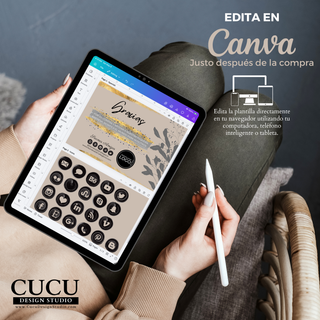 Vista de plantilla editable en Canva mostrada en tablet sostenida por una persona. La pantalla enseña la tarjeta de agradecimiento personalizable y los íconos incluidos para redes sociales. Diseño elegante para emprendedores y negocios online. / Editable Canva template displayed on a tablet held by a person. The screen shows the customizable thank you card and included social media icons. Elegant design for entrepreneurs and online businesses.