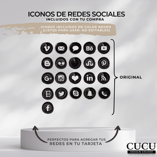 Colección de íconos de redes sociales incluidos con la plantilla de tarjeta de agradecimiento. Íconos negros con efecto artístico ideales para personalizar tarjetas de negocios, branding y empaques de pequeños negocios. / Collection of social media icons included with the thank you card template. Black artistic-style icons perfect for customizing business cards, branding materials, and small business packaging.
