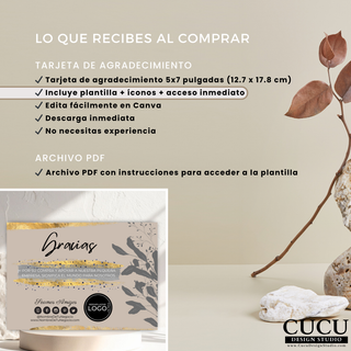 Información de lo que incluye la compra de la plantilla digital de tarjeta de agradecimiento editable en Canva. Presenta detalles del tamaño 5x7 pulgadas, acceso inmediato, descarga digital e íconos incluidos para pequeños negocios y emprendedores. / Information page showing what is included with the editable Canva thank you card template purchase. Features details about the 5x7 size, instant access, digital download, and included icons for small businesses and entrepreneurs.