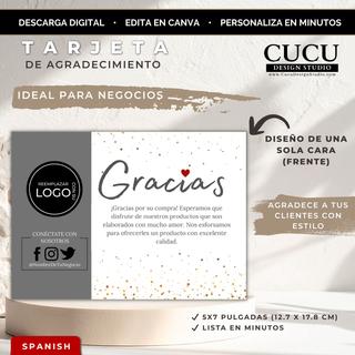 Tarjeta de agradecimiento para negocio editable en Canva, diseño elegante con estrellas doradas y espacio para logo, tamaño 5x7 pulgadas / Editable thank you card template for small business in Canva, elegant design with gold stars and logo space, 5x7 size