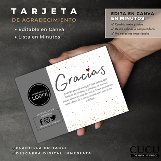 Tarjeta de agradecimiento sostenida en la mano mostrando diseño minimalista con texto “Gracias” y detalles dorados, plantilla editable / Hand holding thank you card showing minimal design with “Gracias” text and gold accents, editable template