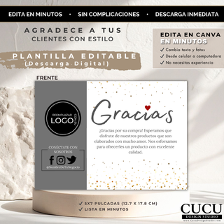 Vista frontal de plantilla de tarjeta de agradecimiento editable en Canva con sección para logo y redes sociales, lista en minutos / Front view of editable thank you card template in Canva with logo and social media section, ready in minutes