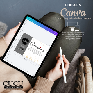 Edición de plantilla de tarjeta en Canva desde tablet, personalización fácil desde computadora o celular / Editing thank you card template in Canva on tablet, easy customization from computer or mobile