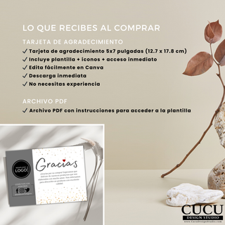 Contenido incluido al comprar plantilla de tarjeta de agradecimiento digital con acceso inmediato y archivo PDF / What’s included with purchase of digital thank you card template with instant access and PDF file