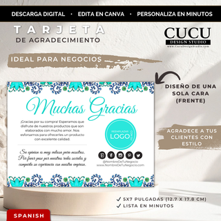 Plantilla editable de tarjeta de agradecimiento para pequeños negocios en Canva tamaño 5x7 pulgadas con diseño floral turquesa y azul. La imagen muestra una tarjeta elegante con el texto “Muchas Gracias”, espacio para logo personalizado, redes sociales y mensaje de agradecimiento. Incluye fondo beige minimalista con detalles modernos y texto informativo sobre descarga digital y edición en Canva.