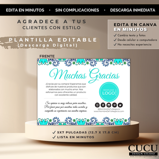 Vista frontal de plantilla editable de tarjeta de agradecimiento para negocios pequeños en Canva. La tarjeta floral turquesa aparece sobre una base beige elegante con información sobre edición rápida, descarga digital y tamaño 5x7 pulgadas. Diseño minimalista y moderno ideal para branding de negocios.