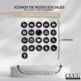Colección de iconos de redes sociales incluidos con la compra de la plantilla editable en Canva. Los iconos negros incluyen Pinterest, Instagram, Facebook, YouTube, LinkedIn y más, ideales para personalizar tarjetas de agradecimiento y branding de pequeños negocios.