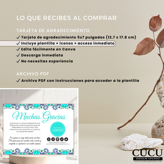 Imagen informativa mostrando lo que incluye la compra de la plantilla de tarjeta de agradecimiento Canva 5x7. Incluye acceso inmediato, plantilla editable, iconos de redes sociales y archivo PDF con instrucciones. Diseño elegante con fondo beige minimalista y detalles naturales.