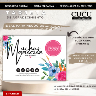 Elegante tarjeta de agradecimiento floral editable en Canva para pequeños negocios, diseño 5x7 con flores acuarela y espacio para logo y redes sociales / Elegant editable floral thank you card Canva template for small businesses, 5x7 design with watercolor flowers and space for logo and social media