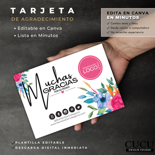 Plantilla moderna de tarjeta de agradecimiento con diseño floral colorido, editable en Canva y perfecta para negocios online y boutiques / Modern thank you card template with colorful floral design, editable in Canva and perfect for online shops and boutiques