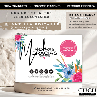 Diseño profesional de tarjeta de agradecimiento para clientes, plantilla digital editable con estilo femenino y elegante en Canva / Professional customer thank you card design, editable digital template with feminine and elegant Canva style