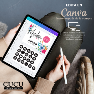 Plantilla editable en Canva mostrada en tablet, fácil de personalizar desde celular, computadora o tablet sin experiencia / Editable Canva template displayed on tablet, easy to customize from phone, computer, or tablet with no experience needed