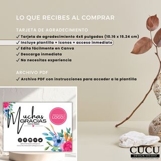 Vista del contenido incluido con la compra de la plantilla digital de tarjeta de agradecimiento floral para pequeños negocios / Overview of what is included with the floral digital thank you card template purchase for small businesses