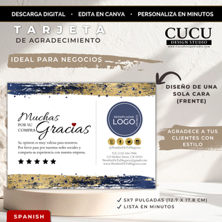 Tarjeta de agradecimiento editable para pequeños negocios en colores azul marino y dorado, diseño elegante tamaño 5x7 pulgadas con espacio para logo, redes sociales y mensaje personalizado. Plantilla digital editable en Canva ideal para agradecer a clientes después de una compra. / Editable thank you card template for small businesses in navy blue and gold colors, elegant 5x7 inch design with space for logo, social media icons, and personalized message. Digital Canva template perfect for thanking...
