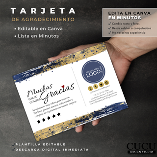 Mano sosteniendo tarjeta de agradecimiento para negocio con diseño moderno azul y dorado, plantilla editable en Canva con detalles elegantes, espacio para logo y redes sociales. Descarga digital instantánea ideal para boutiques y tiendas online. / Hand holding a business thank you card with modern navy blue and gold design, editable Canva template with elegant details, logo space, and social media section. Instant digital download perfect for boutiques and online shops.