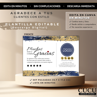 Plantilla de tarjeta de agradecimiento para clientes presentada sobre pedestal beige, diseño minimalista editable en Canva tamaño 5x7 pulgadas con detalles dorados y azul marino para pequeños negocios y emprendedores. / Customer thank you card template displayed on a beige pedestal, minimalist editable Canva design in 5x7 inches with gold and navy blue details for small businesses and entrepreneurs.